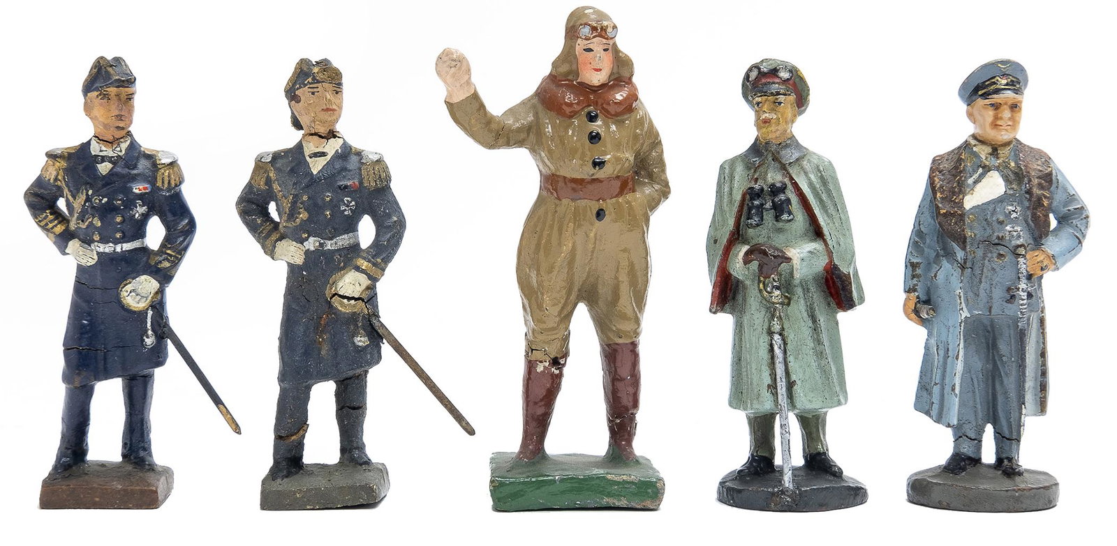 Group of Five Soldiers/Sailors: German, French and Japanese Aviator, Circa 1930's, 3 - 3.25" L Included are two German officers, two Navy Officers and a Japanese Aviator. Made of papier mache.