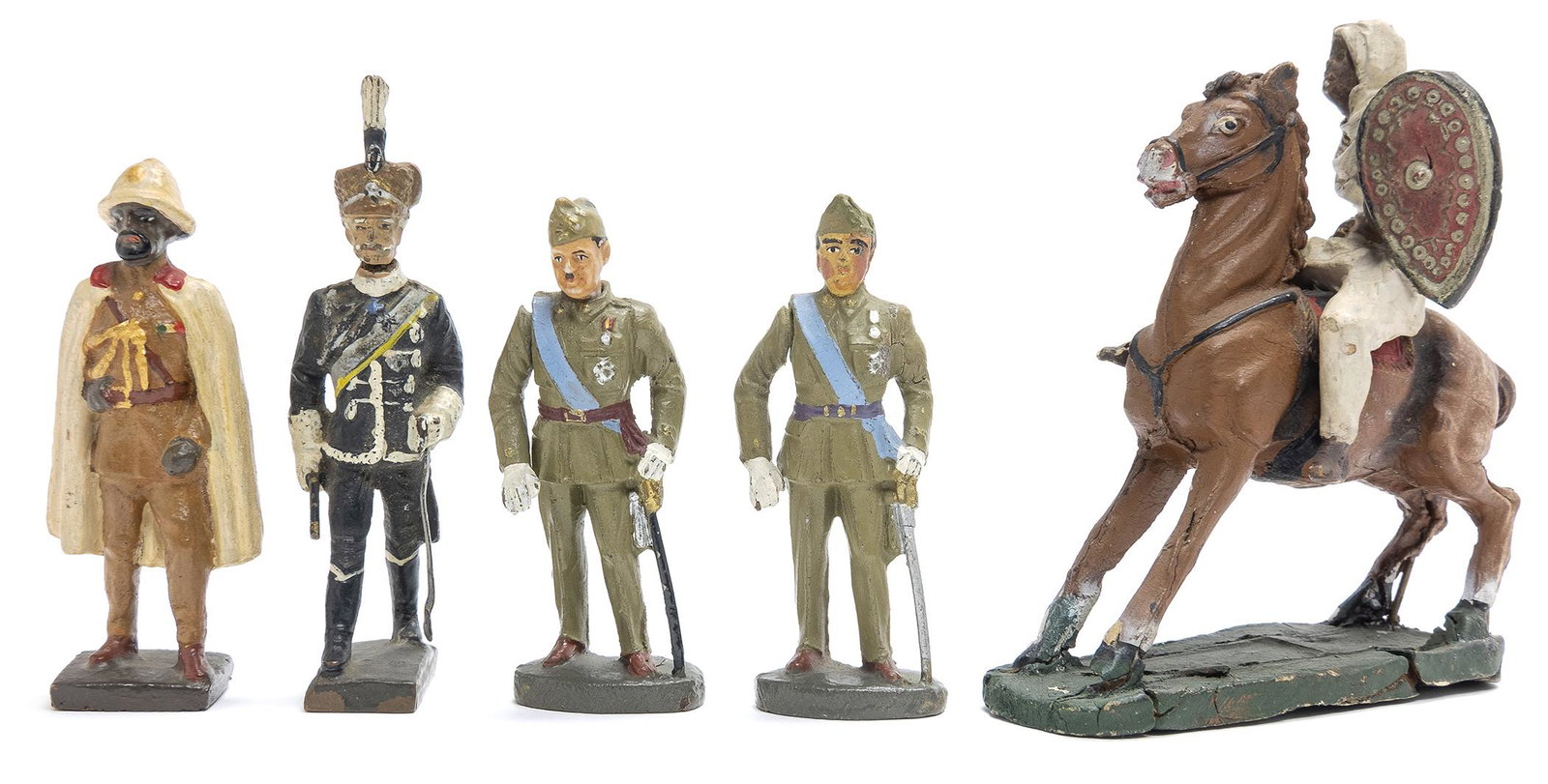 Two Abyssinian Figures/Two Franco Soldiers & One German: German/Italian, Circa 1930's, 3-4.25" L These are very scarce composition figures.