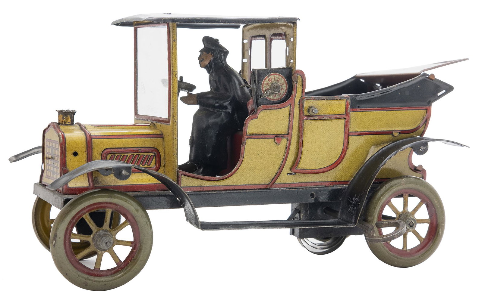 Carette Taxi Cab: German, Circa 1915, 7.25" L This beautiful cab with an open backend is in superior and bright condition. This is a scarce little gem.