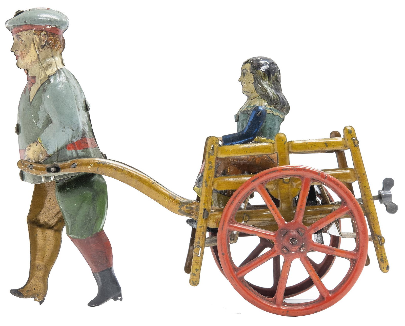 Young Boy Pulling Girl in Cart: German, Circa 1915, 7" L