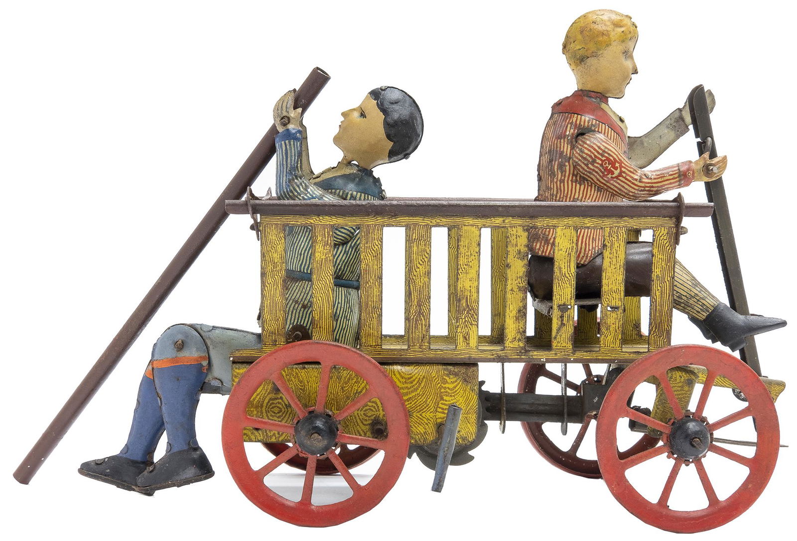 Hans Eberl Trip-Trap: German, Circa 1915, 8" L An extremely rare German novelty toy. This is only the third complete example that we have ever seen. Front man with partial repaint to head, back man with fully restored head