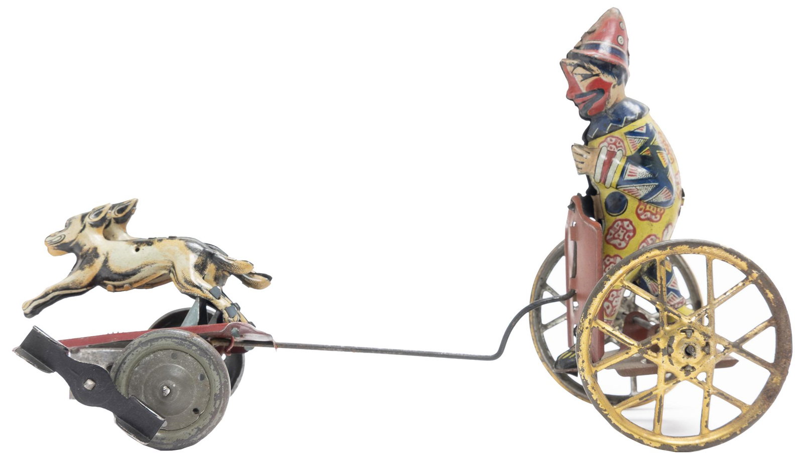 Paya Clown Chariot: Spanish, Circa 1930's, 9.5" L This Paya toy has very bright lithography and the toy is aesthetically charming.