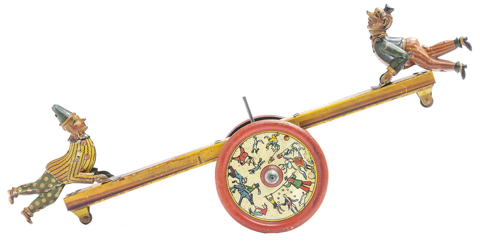 J. Distler Clown Acrobats See Saw Toy: German, Circa 1920's, 11.5" L This is the scarce toy with clowns instead of monkeys.