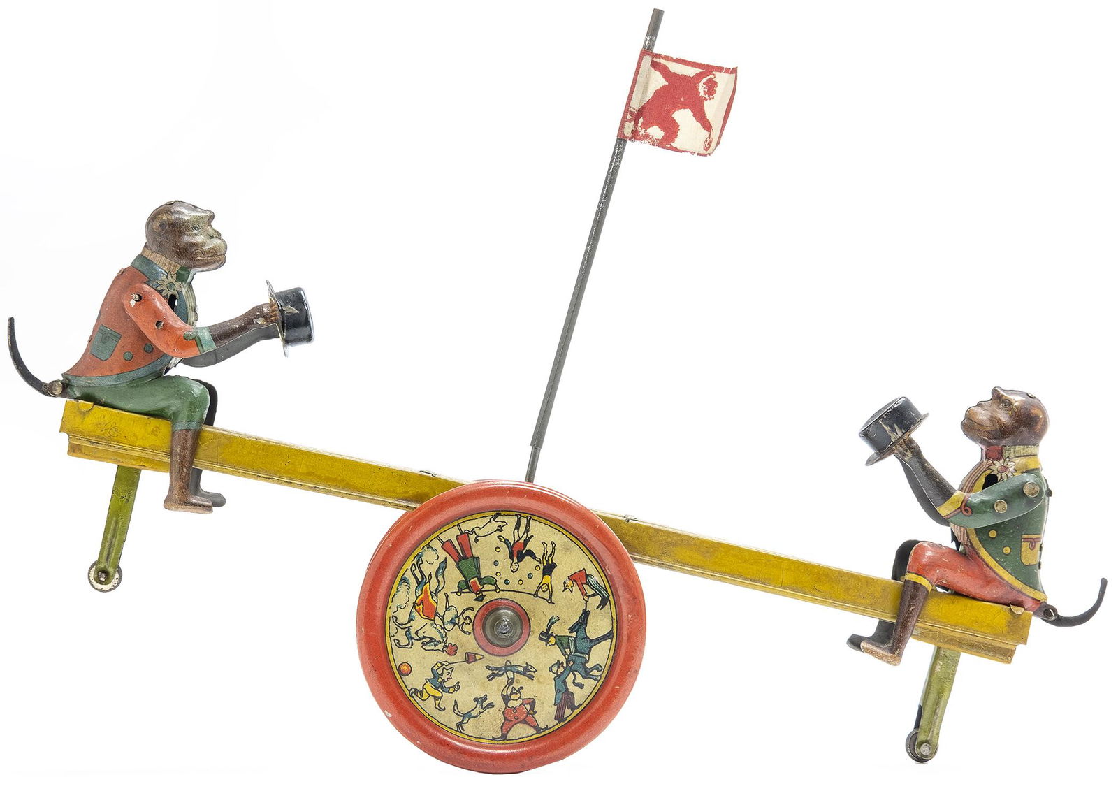 J. Distler Monkeys on See Saw: German, Circa 1920's, 11.5" L This is the only known original paper flag for this classic Distler windup toy. A show stopper!!