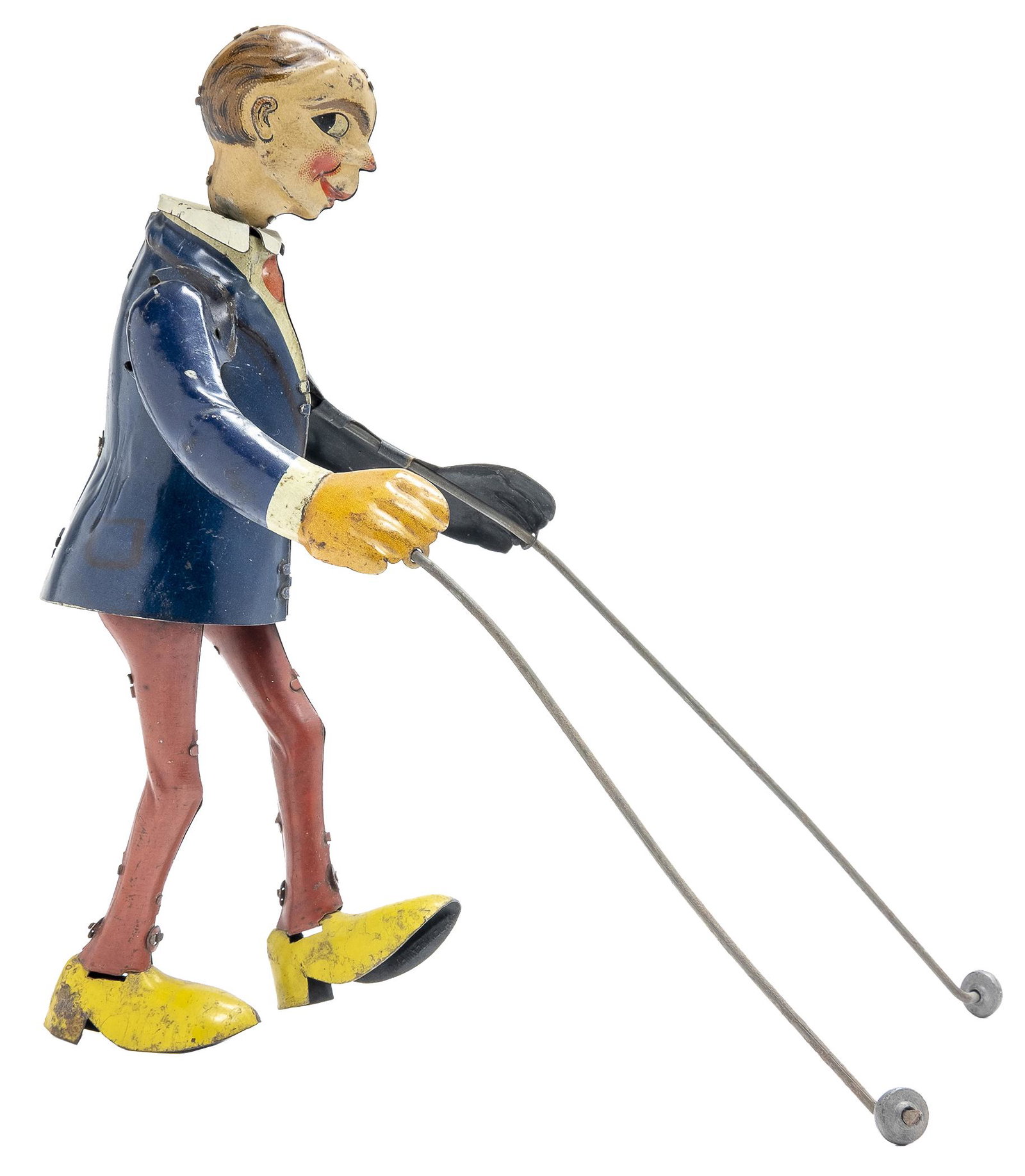 J. Distler Man with Guide Poles: German, Circa 1920's, 7.25" T This is a scarce novelty toy by Distler. Both arms are original, but one is darker.