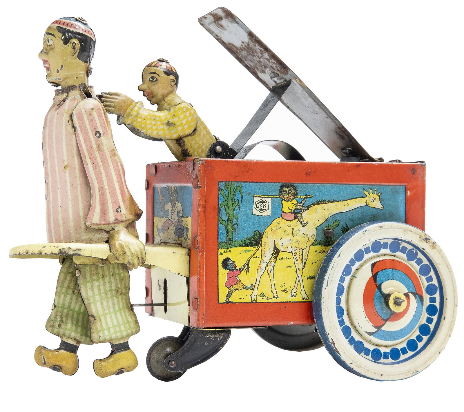 G & K Chinese Porter Pulling Tea Cart: German, Circa 1930, 6" L A charming and inventive toy. Minor fading and two spots of tiny surface rust.Â