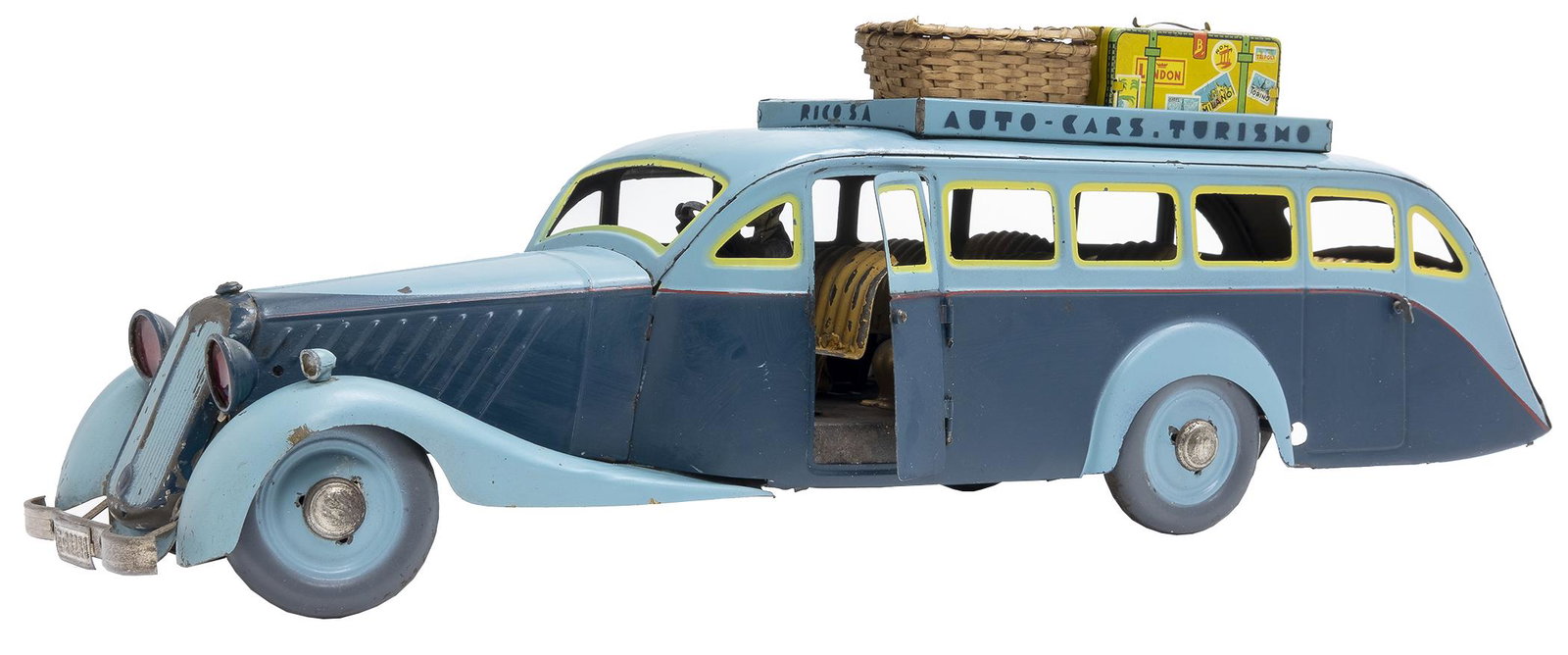 Rico Two Tone Blue Bus: Spanish, Circa 1930's, 19.5" L This is a scarce and very desirable toy bus. It is superb, but missing one doorlatch.