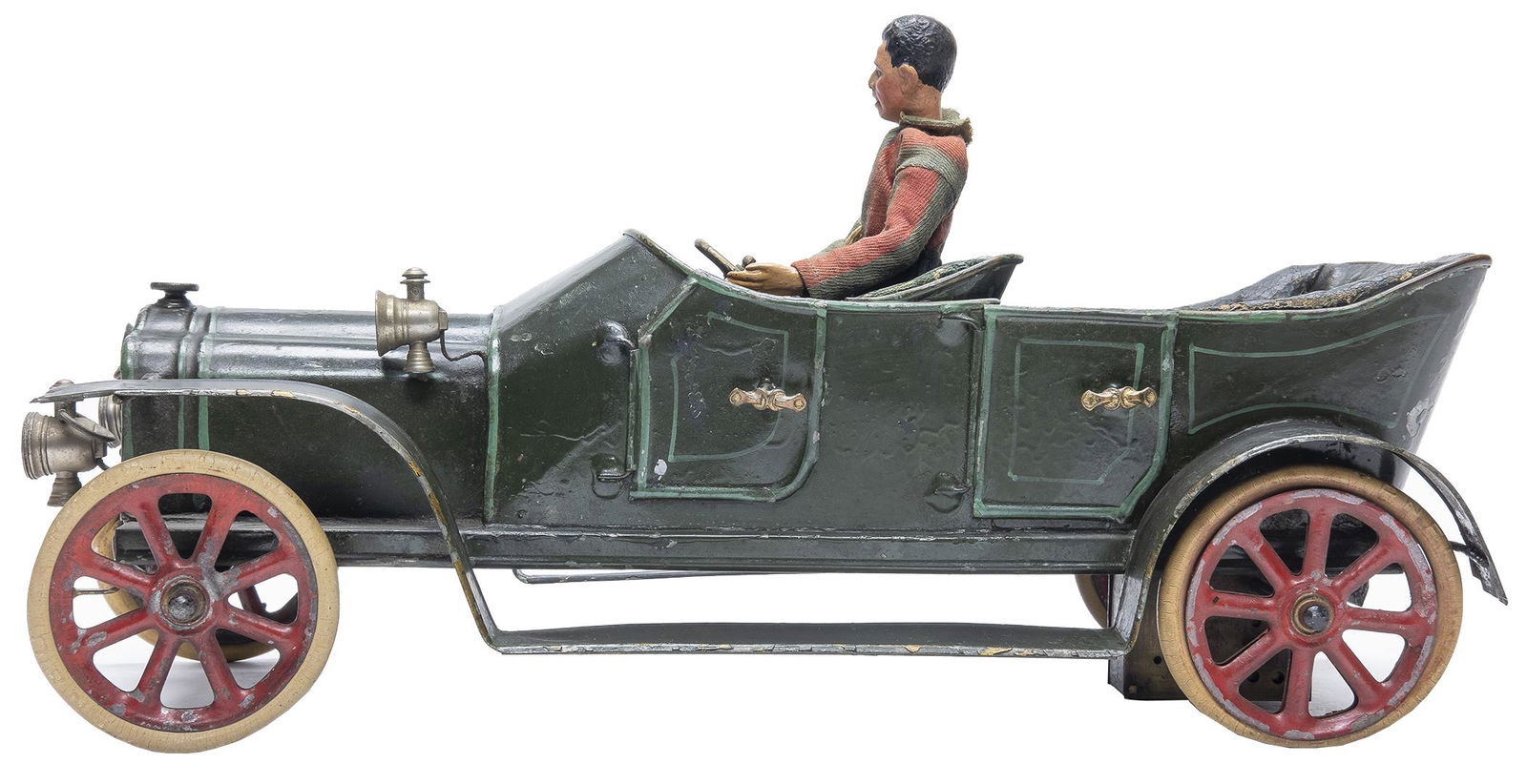 Pinard Two Seat Open Touring Car: French, Circa 1905, 14.5" L. This toy is made of tin with rubber tires and leather seats. It is in superb condition and comes with a Bucherer driver.