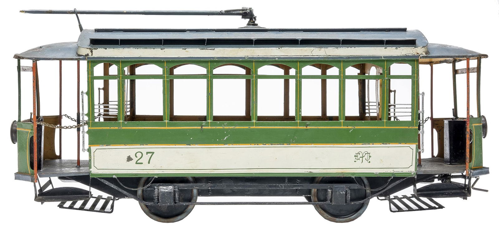 Hispania Open Air Trolley: Spanish, Circa 1908, 23.5" L This open-air World War I era trolley was made by Hispania of Barcelona, Spain. It is extremely rare and possibly unique. In excellent and bright condition.