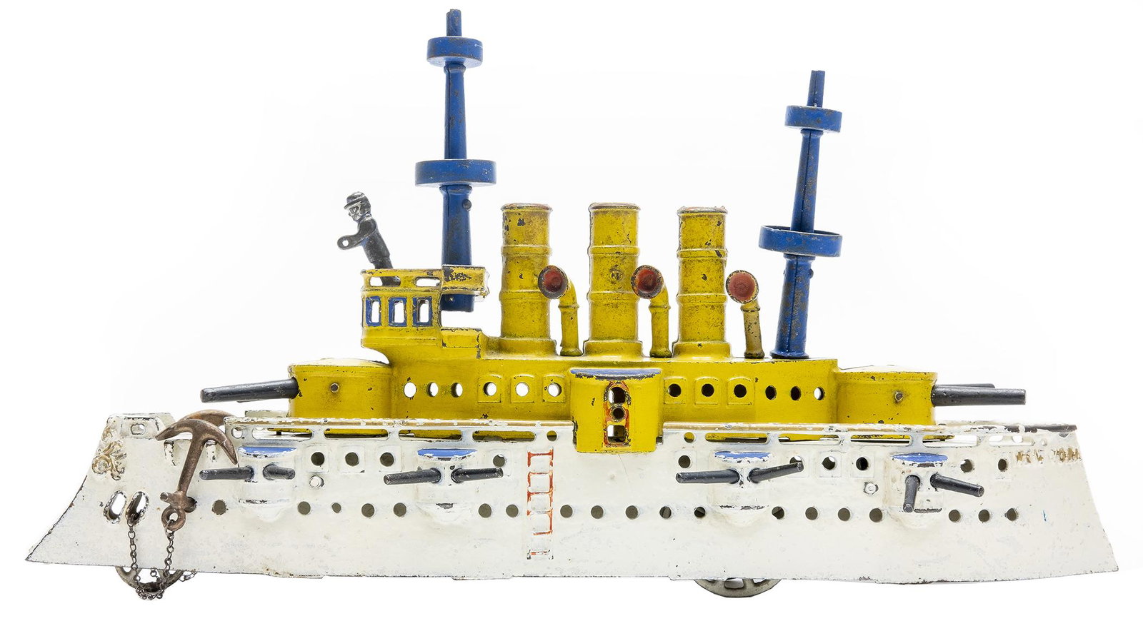 Dent Battleship: American, 1910, 20" L This is a superior and bright example of the scarce toy. Six of the smaller guns are well replaced.