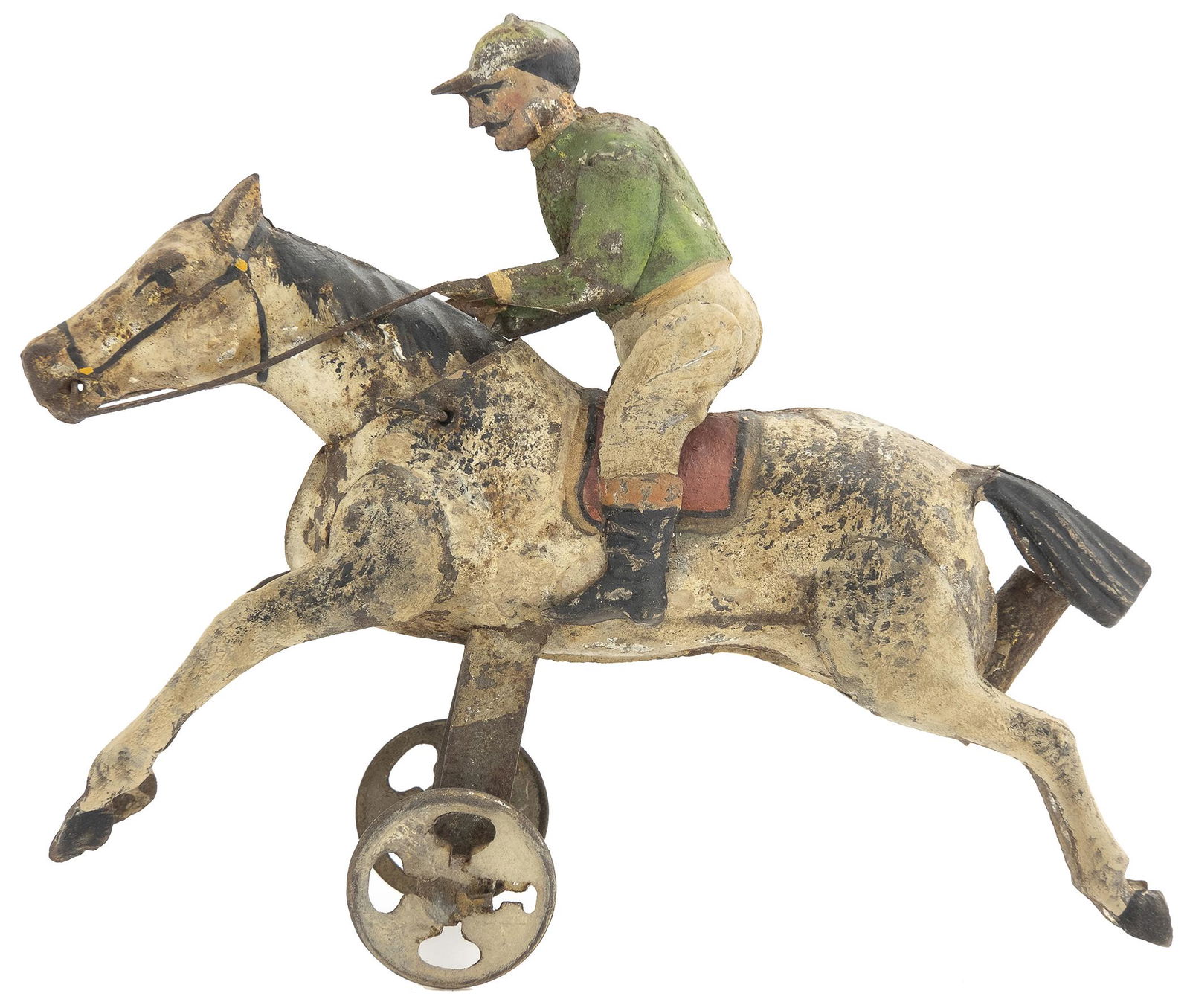 Horse and Jockey Stick Toy: German, Circa 1920, 6.5" L We have not seen this toy before. The stick is not present.Â