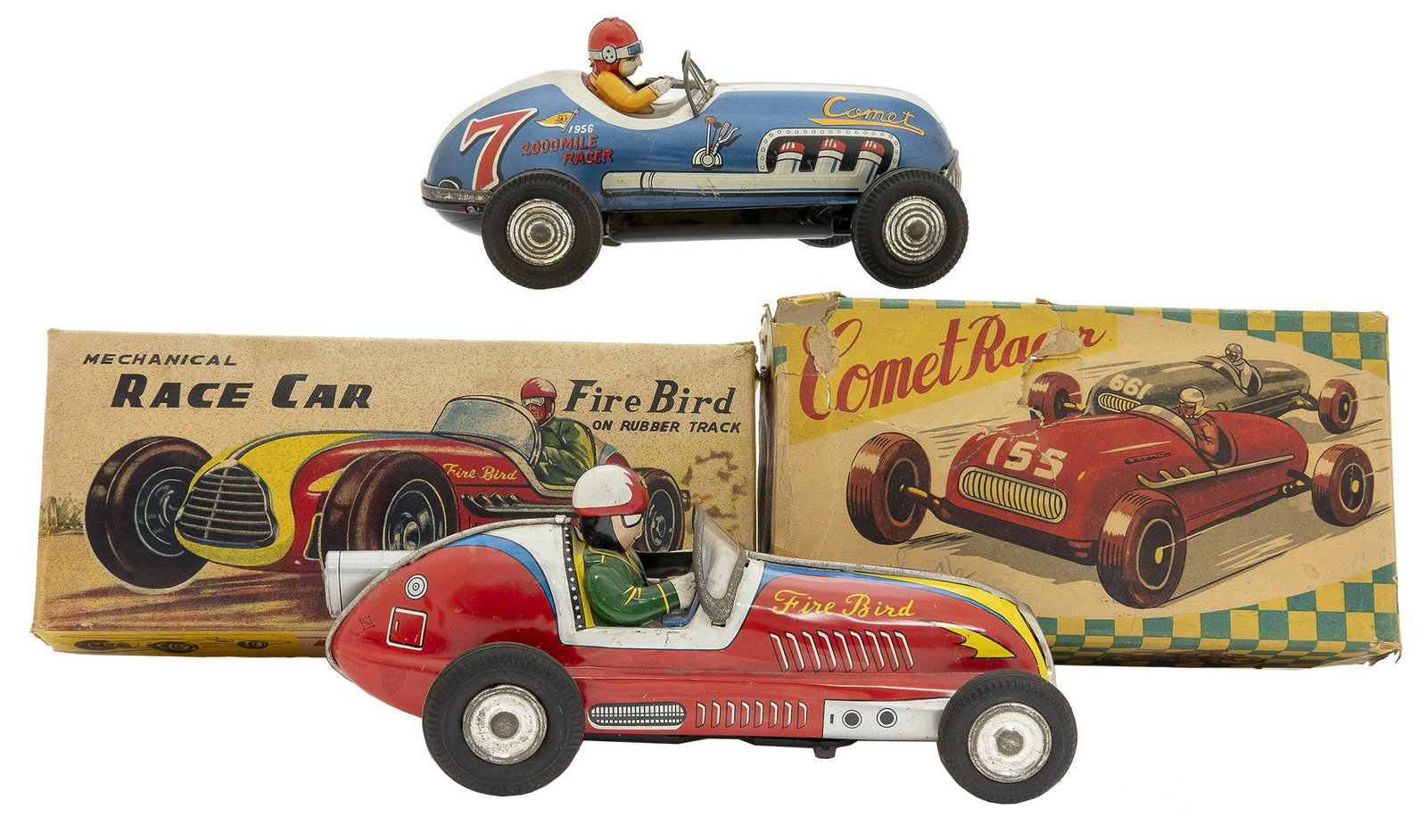 "Comet Racer" & "Fire Bird" Battery Op Race Cars: Japanese, 1950's