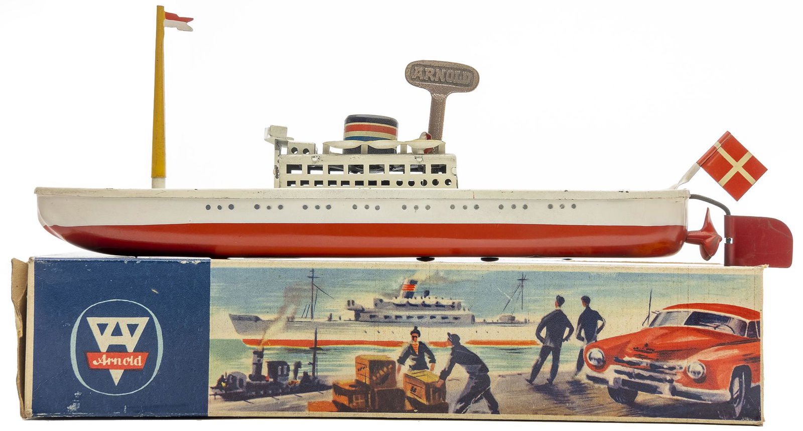 Arnold Cargo Ship with Box: German, 1950's, 9" L