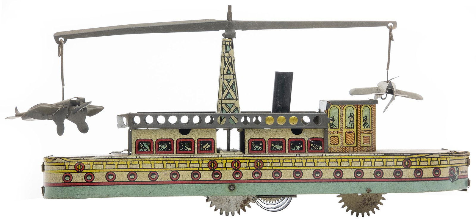 Rico Boat with Circling Airplanes: Spanish, 1930's, 9.25" L