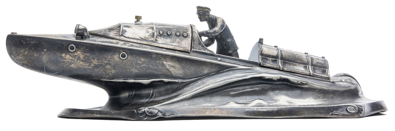 Racing Boat Desk Set Model: 1920's, 11.25" Made of White Metal.