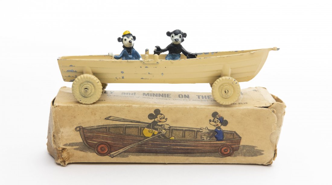 Mickey & Minnie "On the River": England, Circa 1930, 5.5" L British made, Walt Disney Permission, missing two oars and two seats.