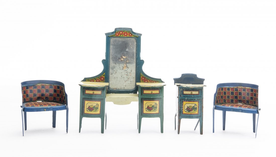 Rico Mirrored Vanity/Bed Side Table/Two Chairs: Spanish, Circa 1930 Vanity 3.25" x 4.25", Bed Side Table 1" x 2.5", Chairs 1.75" x 2"