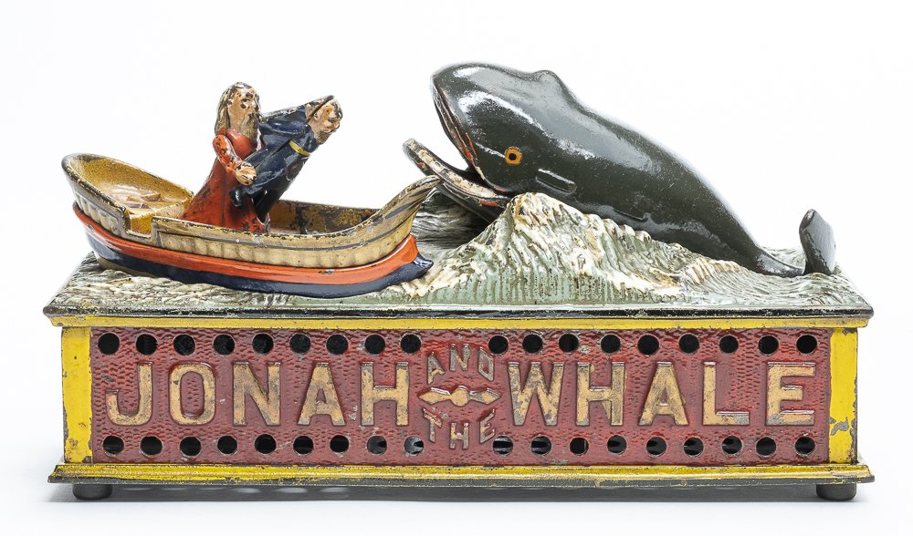Jonah and the Whale Iron Mechanical Bank: Shepard Hardware Co., New York, circa 1890's Place the coin in Jonah's tray, depress the lever and he feeds it to the whale. After the coin has been deposited we find a "weighted" element, which gives