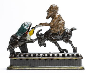 Initiating Bank - 2nd Degree: Mechanical Novelty Works, Connecticut, circa 1885 Also known as the "Goat, Frog and Old Man”. It functions by placing a coin in the man's tray and then either pressing the button under the goat's fr