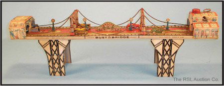 MARX WIND-UP LITHO TIN BUSY BRIDGE: Marx Busy Bridge - Windup litho tin busy bridge, when wound taxi cabs and city buses travel across the elevated bridge, toy is complete and working in Excellent Condition, Circa 1930.