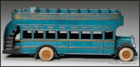 YELLOW COACH DOUBLE DECKER BUS - ARCADE: Yellow Coach" Double Decker Bus - Made by Arcade Toy Company Freeport, Illinois Circa 1925 The pinnacle of double decker buses. Made during the height of cast iron automotive toy production. Rare pain