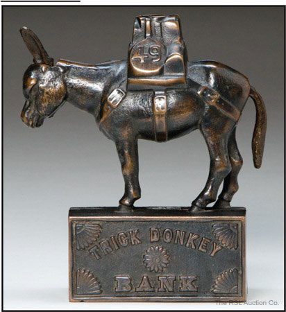 TRICK DONKEY MECHANICAL BANK - IVES: Trick Donkey Bank Probably Ives, Blakeslee & Williams Bridgeport, Connecticut Circa 1895 According to Penny Lane, written by Al Davidson, the "Trick Donkey Bank", was the improved version of "The Fort