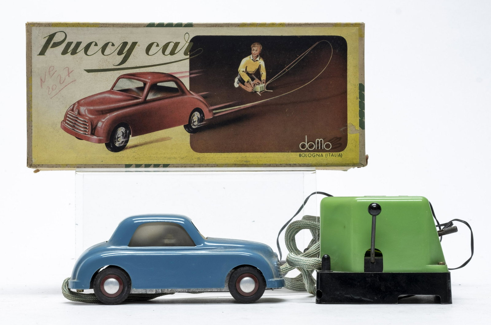 Domo "Pucey Car": Italian - 1950's - 7" L The toy is excellent plus in the original box. Excellent Plus with Box