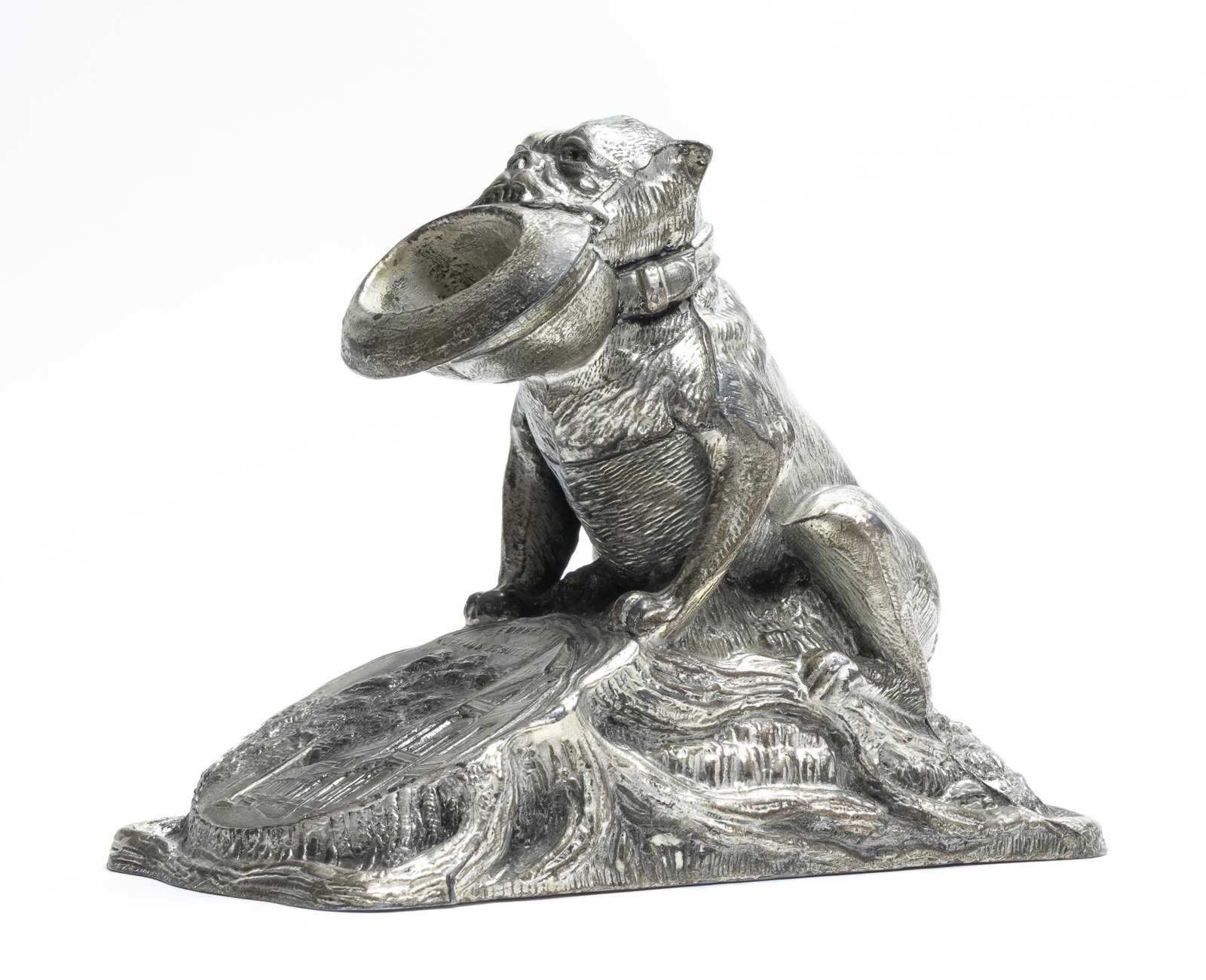 Begging Dog with Souvenir Plaque: German - 1920 - 3.375" T The plaque with a street scene reads "Kurthaus Schutzen". Very Fine