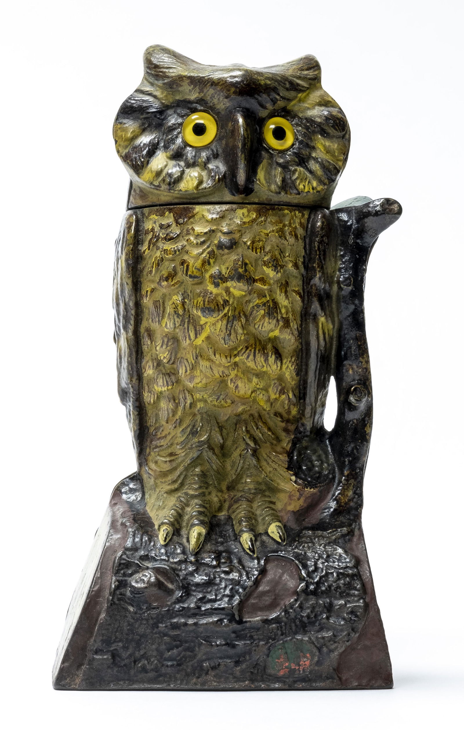 Owl Turns Head - Yellow Iron Mechanical Bank (1 of 5)