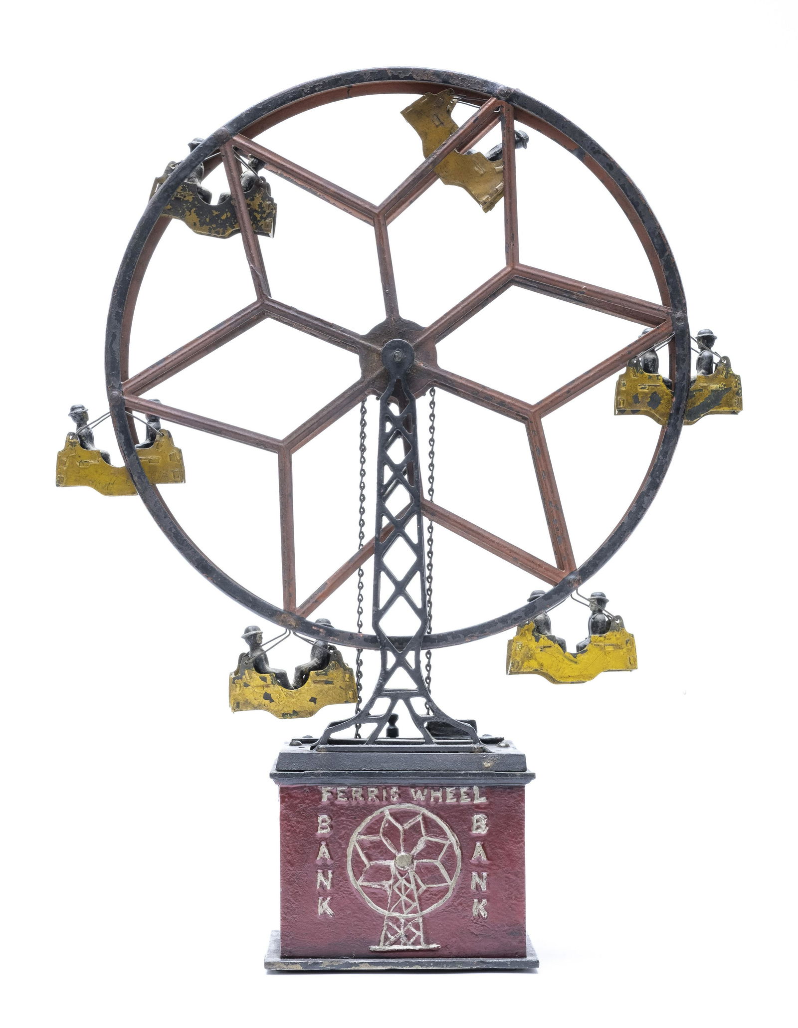 Ferris Wheel Iron Bank - Philadelphia: Made by the Prendergast Bros. Philadelphia, Pennsylvania - 1930's The Ferris Wheel Bank was created by early mechanical bank enthusiasts in Philadelphia based upon patent documentation known to them.