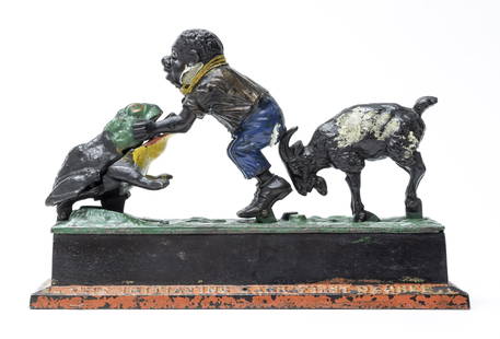 Initiating Bank 1st Degree Cast Iron Mechanical Bank: Mechanical Novelty Works New Britain, Connecticut - Circa 1895 Place a coin in the boy's hands. Depress the lever, the goat butts the boy forward and the coin is thrown into the frog. This is one of t