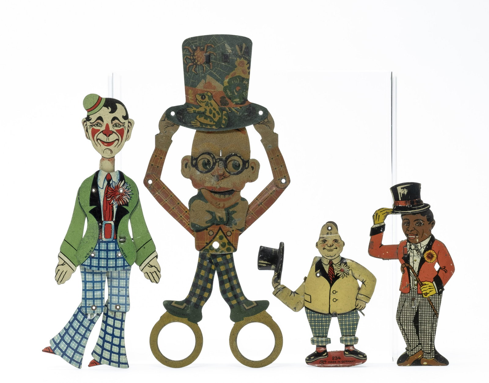 Four Hand Operated Scissor Toys: German - 1920/30's - 3.5" to 8.5" T Fine to Excellent Condition.