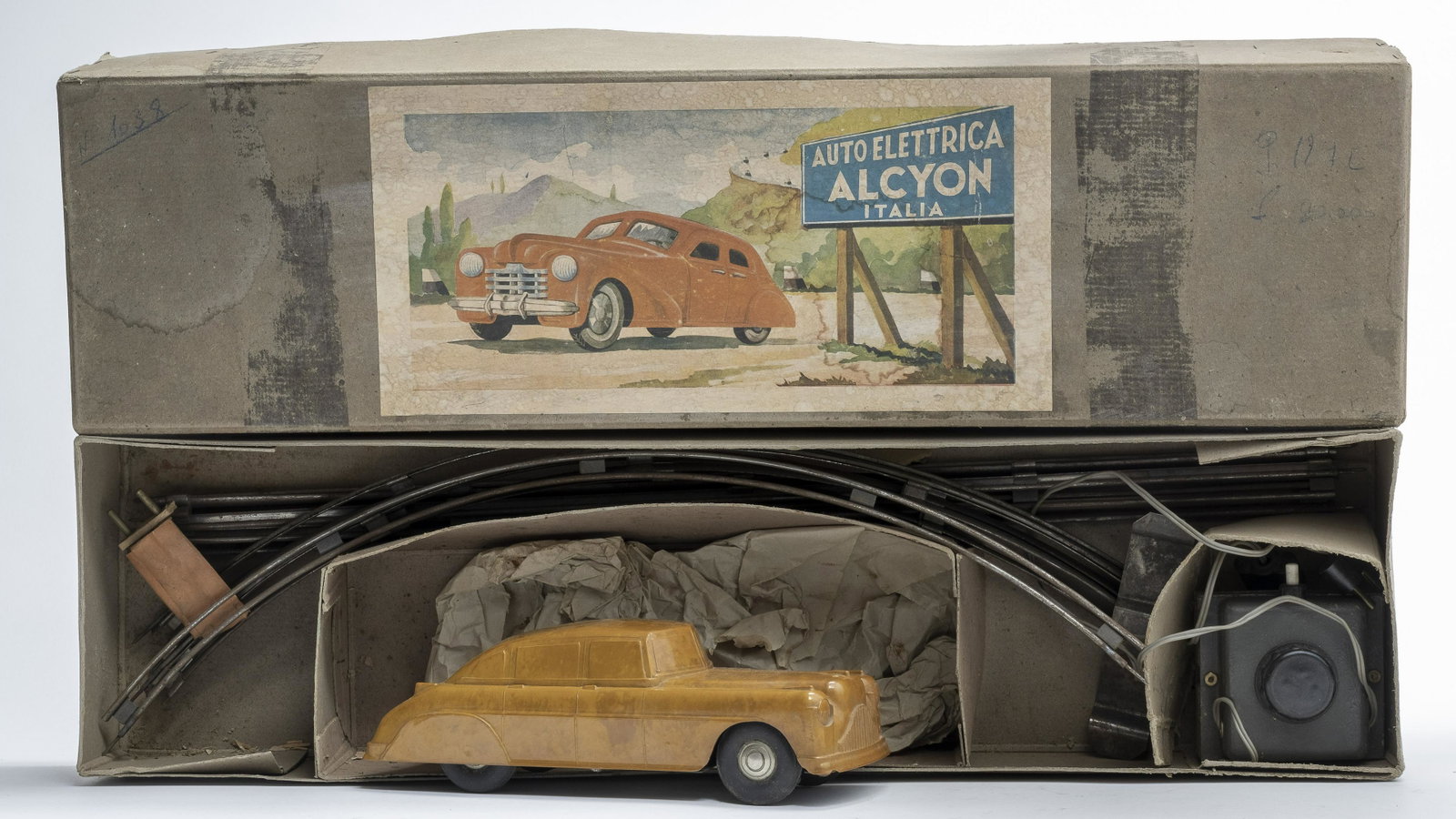 Bakelite Car Set - Dinagiro - Boxed: Italian - 1940's - Car 9" L Electric controlled and made to run on track. Excellent Condition with Box