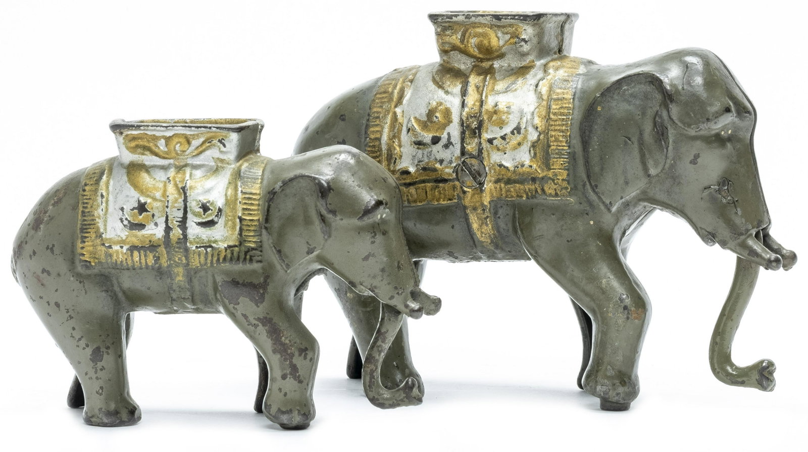 Two Elephant Swing Trunk Iron Banks: Made by A. C. Williams Company Ravenna, OH - Circa 1920's Both are Excellent Condition