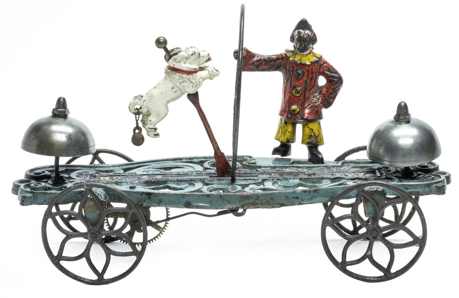 Clown and Trained Dog Bell Toy: Jumping Through Circus Hoop #44 Bell Toy Made by Gong Bell East Hampton, CT - Circa 1900 Very Good Original Condition (Clown missing tip of right shoe and white dog with some old repainting) This "har