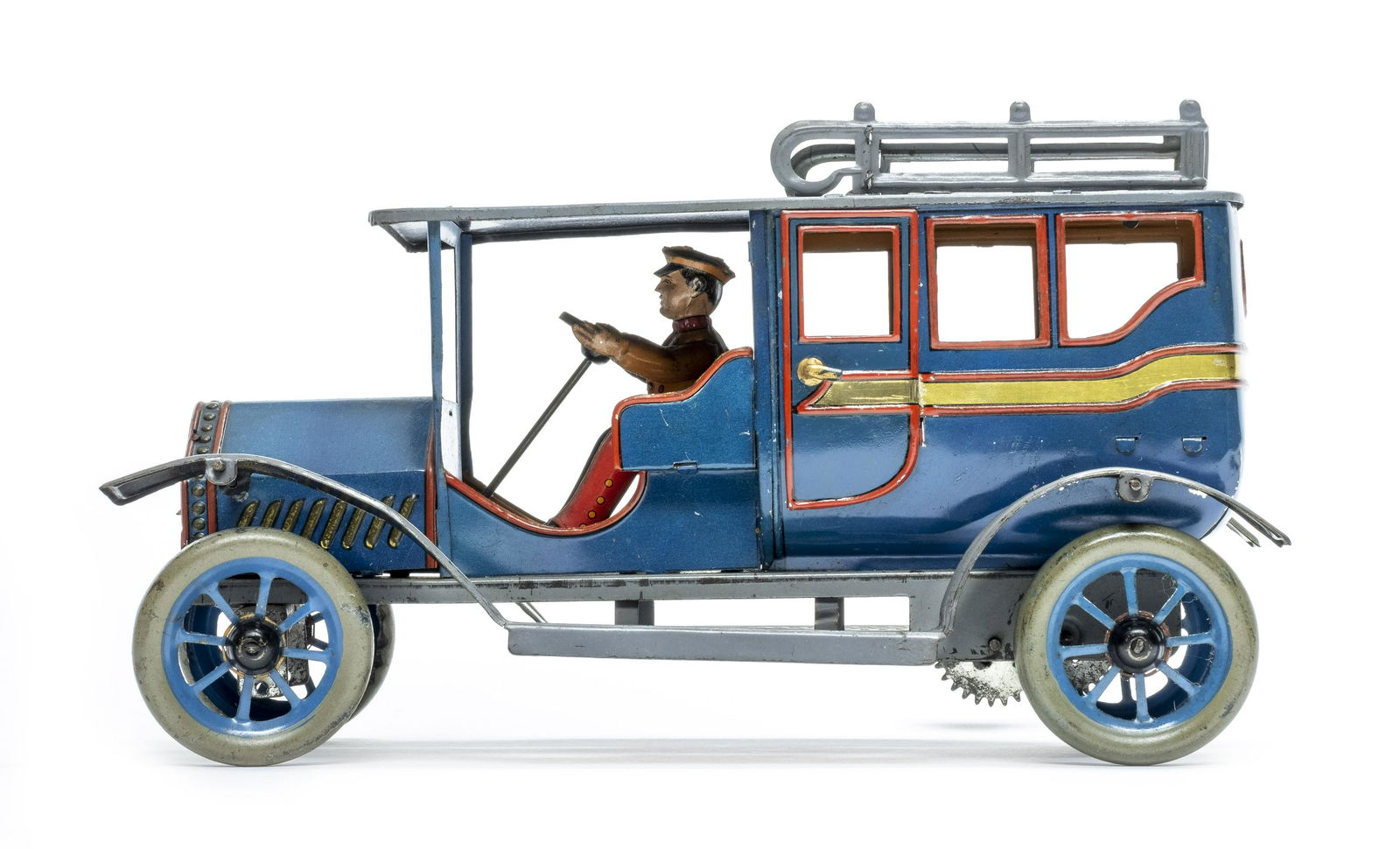 Fancy Chauffeured Limousine Windup Toy: Finished in French Blue and Gray With Red and Gold Detailing Made by Ebo Motor for Hans Eberl Germany - Circa 1914 - 11" Long Pristine Condition (One Door Restored)