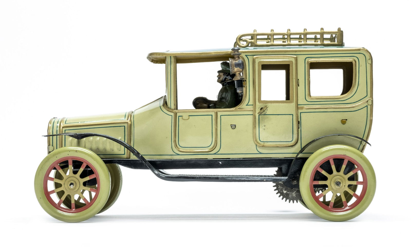 Fancy Chauffeured Limousine Windup Toy: Finished in Ivory and French Blue With Gold and Blue Detailing Made by Hans Eberl Toys Germany - Circa 1910's - 11" Long To the eye, this car looks Mint but this piece is 100% expertly refurbished.