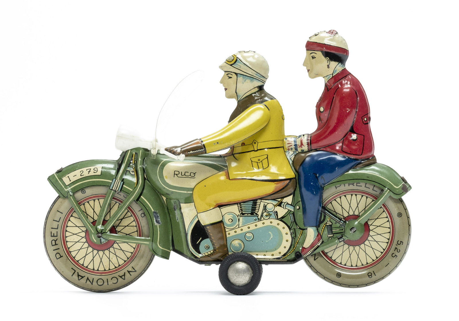 Two Person Civilian Motorcycle Friction Toy: With Friction Drive Mechanism Made by Rico Manufacturing Spanish - Early 1950's - 9 1/4" Very Fine Condition & Works Well