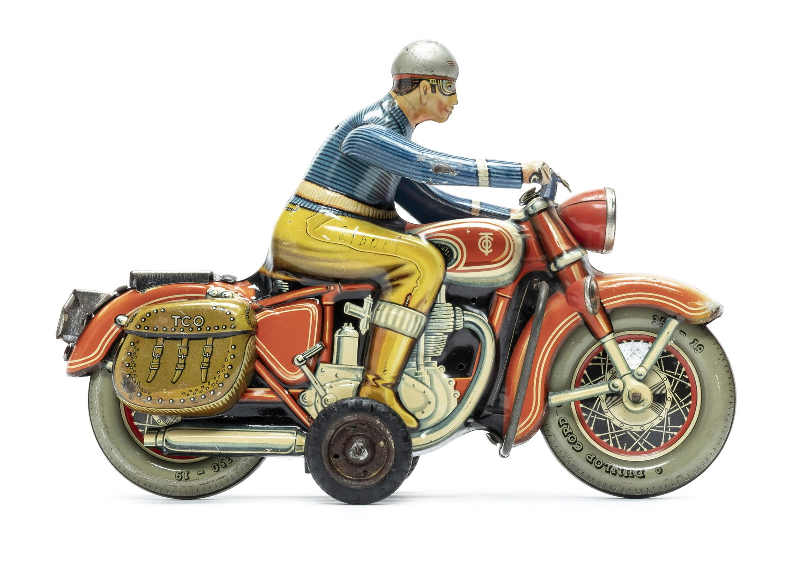 Civilian Motorcycle with Saddle Bags Friction Toy: Friction Drive Mechanism Made by Tippco & Associates Western Germany - 1950 - 11" Long Decent Condition (Lacks Windscreen)