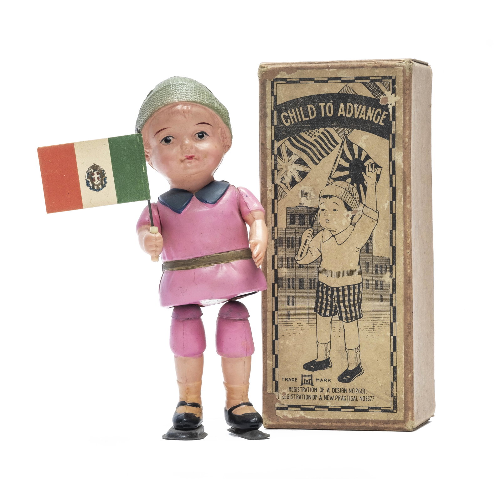 Flag Waving Young Boy Prewar Japan Celluloid Toy: Mussolini's Little Fascist Prewar Japan - 7 1/2" Tall Near Mint with Cardboard Box We have never ever seen this celluloid toy before. Outstanding Boxed Condition