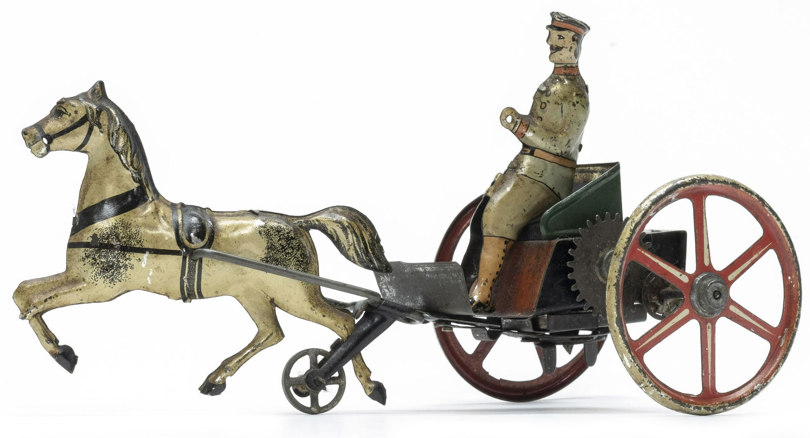 Military Officer in a Gig Windup Toy: Rare Clockwork Novelty Toy Germany - 1910 - 7 3/4" Excellent Original Condition (Horse Foreleg Missing)