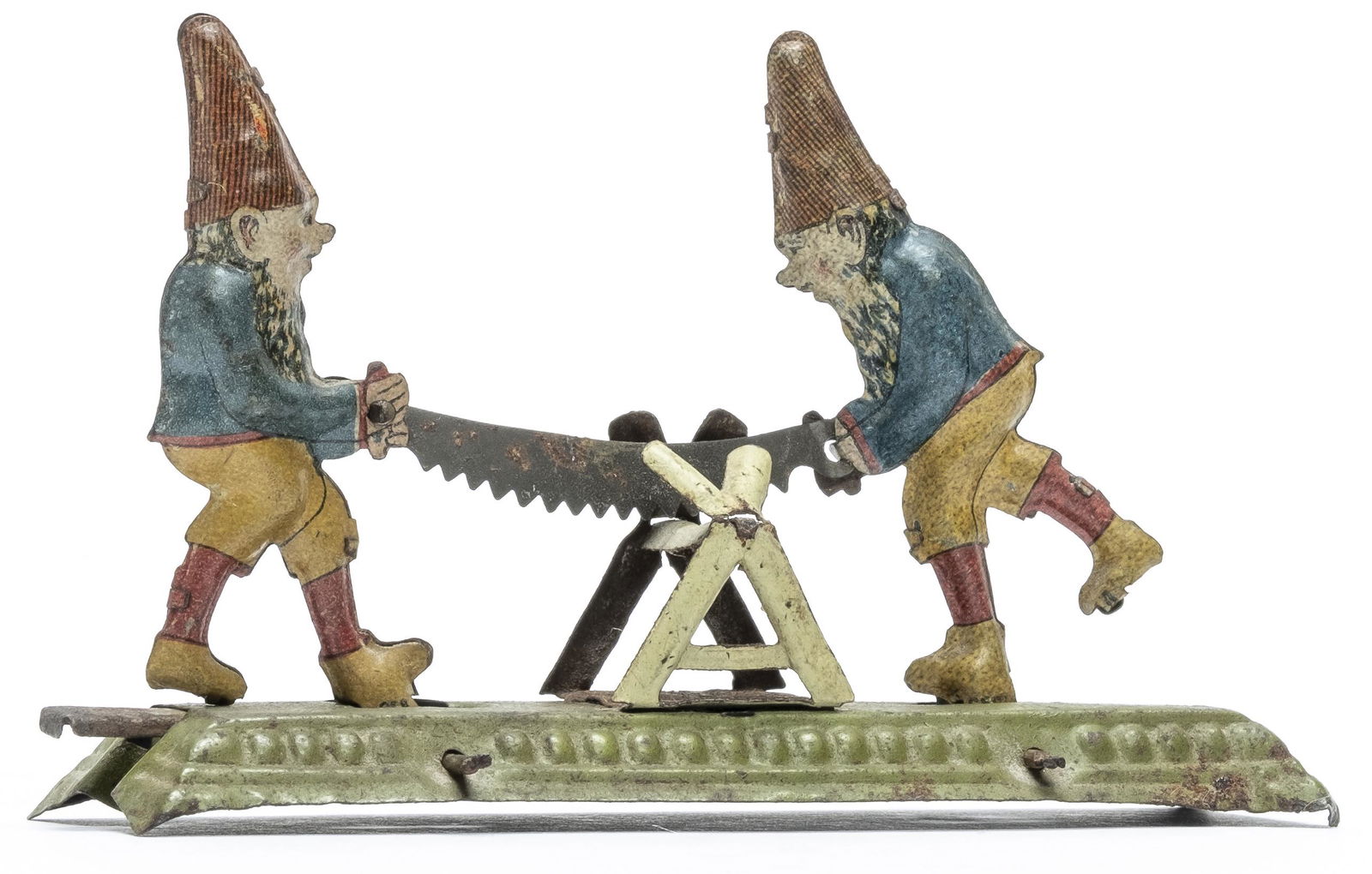 Gnomes Sawing Penny Toy: Probably by Meier Germany - 1910's Very Good Condition