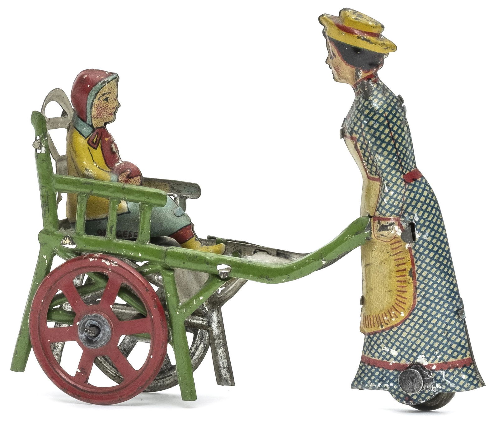 Penny Toy of Mother & Child: in a Rolling Perambulator Made by J. Meier Company Germany - Circa 1910's Pristine Plus Condition