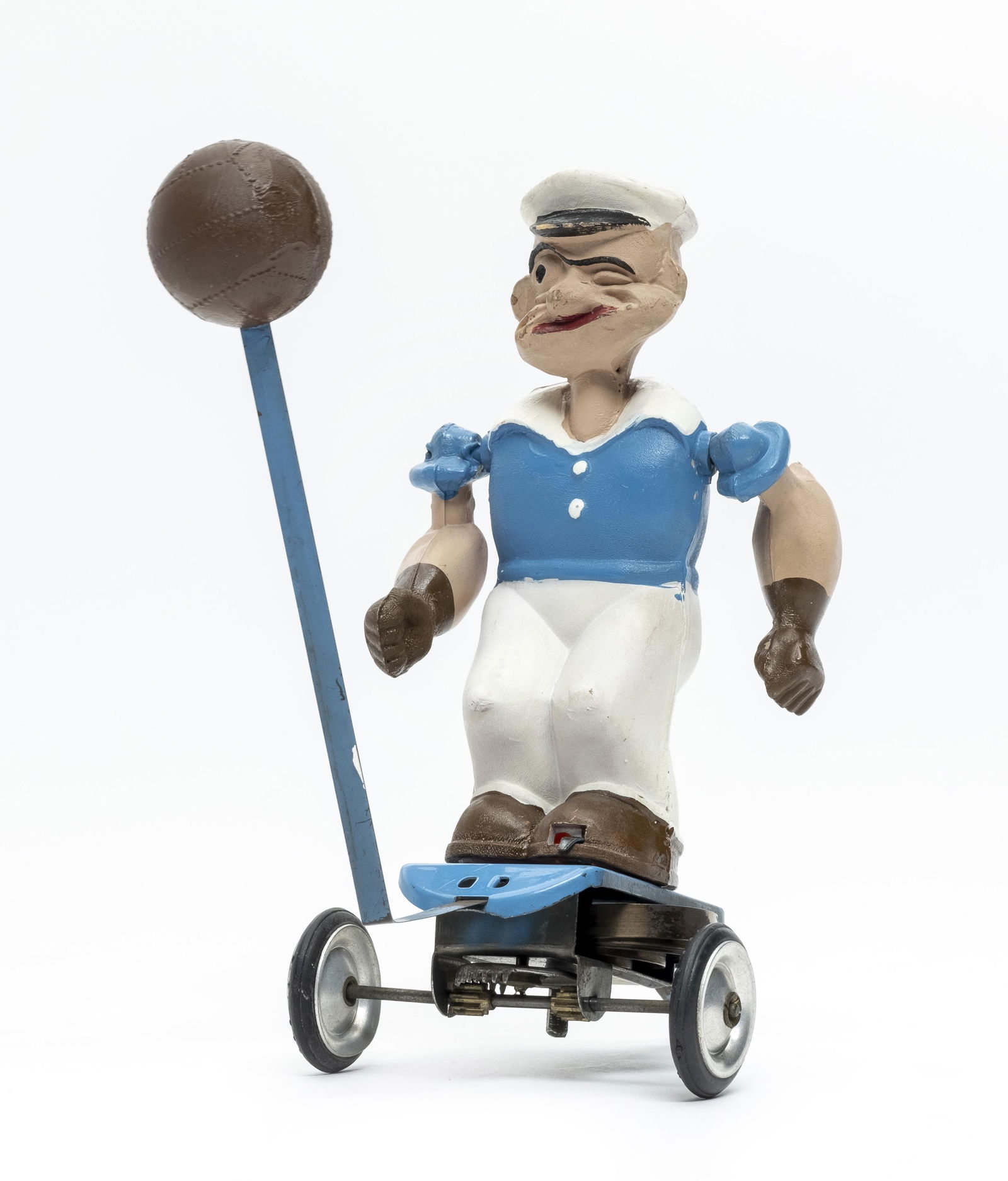 Popeye & Punching Bag Windup Toy: Fascinating Windup Novelty Toy Made of Pressed Plaster & Tin Marked S. A. Bordoli - Bologna Italian - Late 1930's - 5 1/4" Pristine Plus Condition