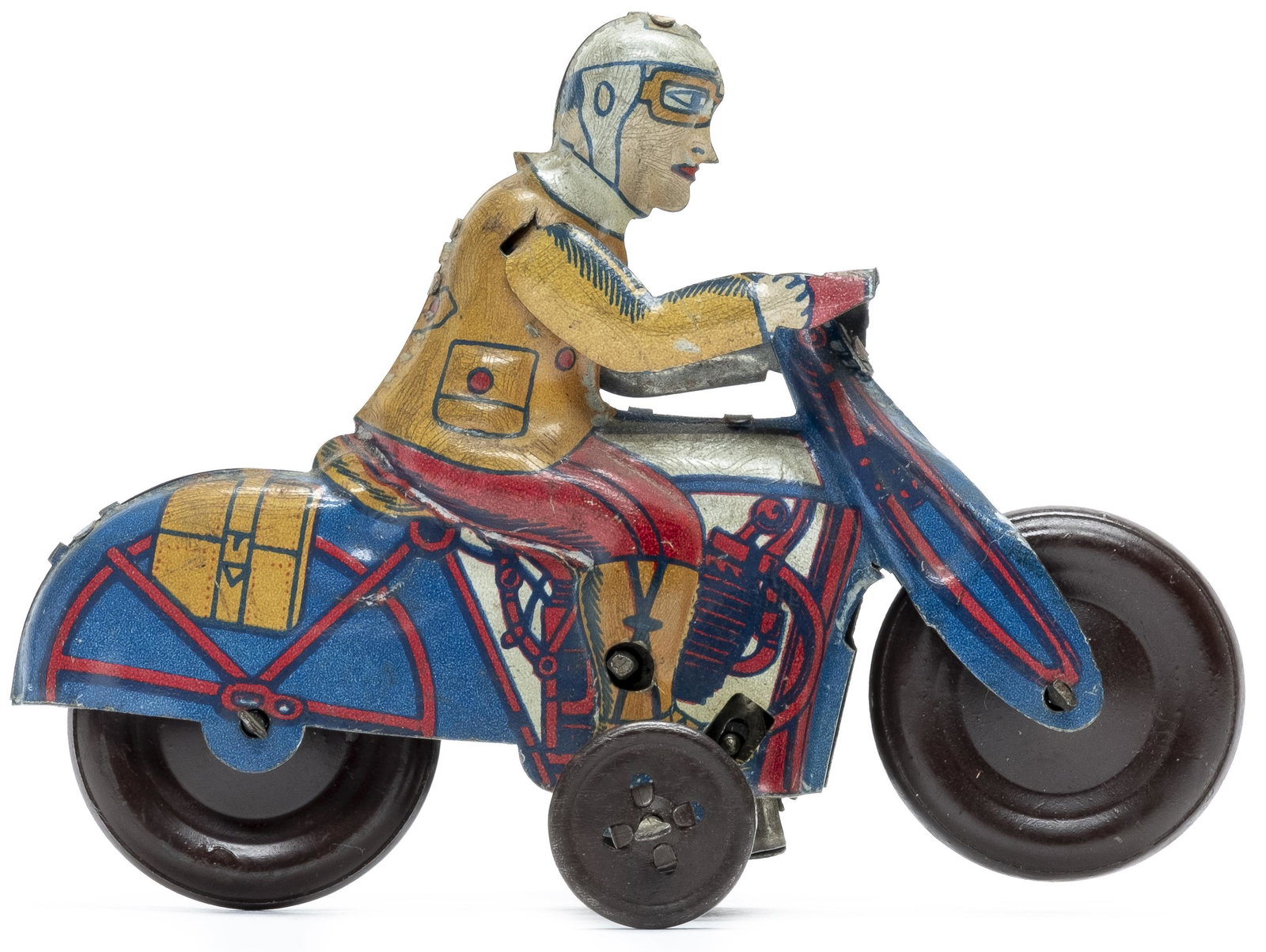 Blue Motorcycle with Saddle Bags: Scarce German Tin Litho Chopper Germany - 1930's - 4 1/2" Long Excellent Plus Condition (Presently Not Operative)
