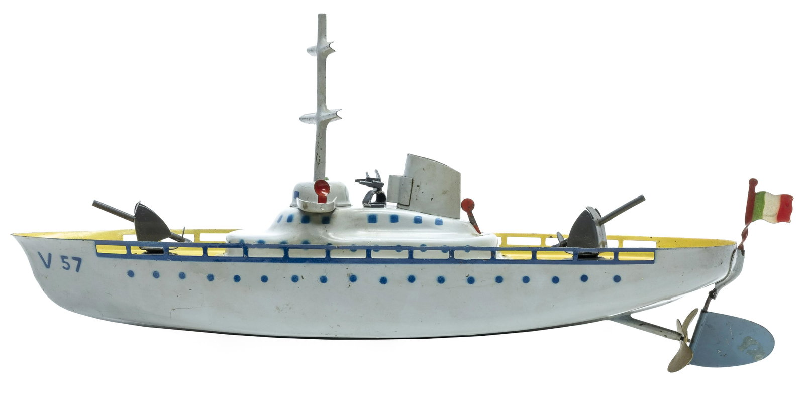 Ventura Toys "V-57" Gunboat: Made by Ventura Toys ITALIAN - 1930's - 13 1/2" L Pristine Condition Fascinating winding mechanism is the mast. This is an early toy by Ventura of ITALIAN.