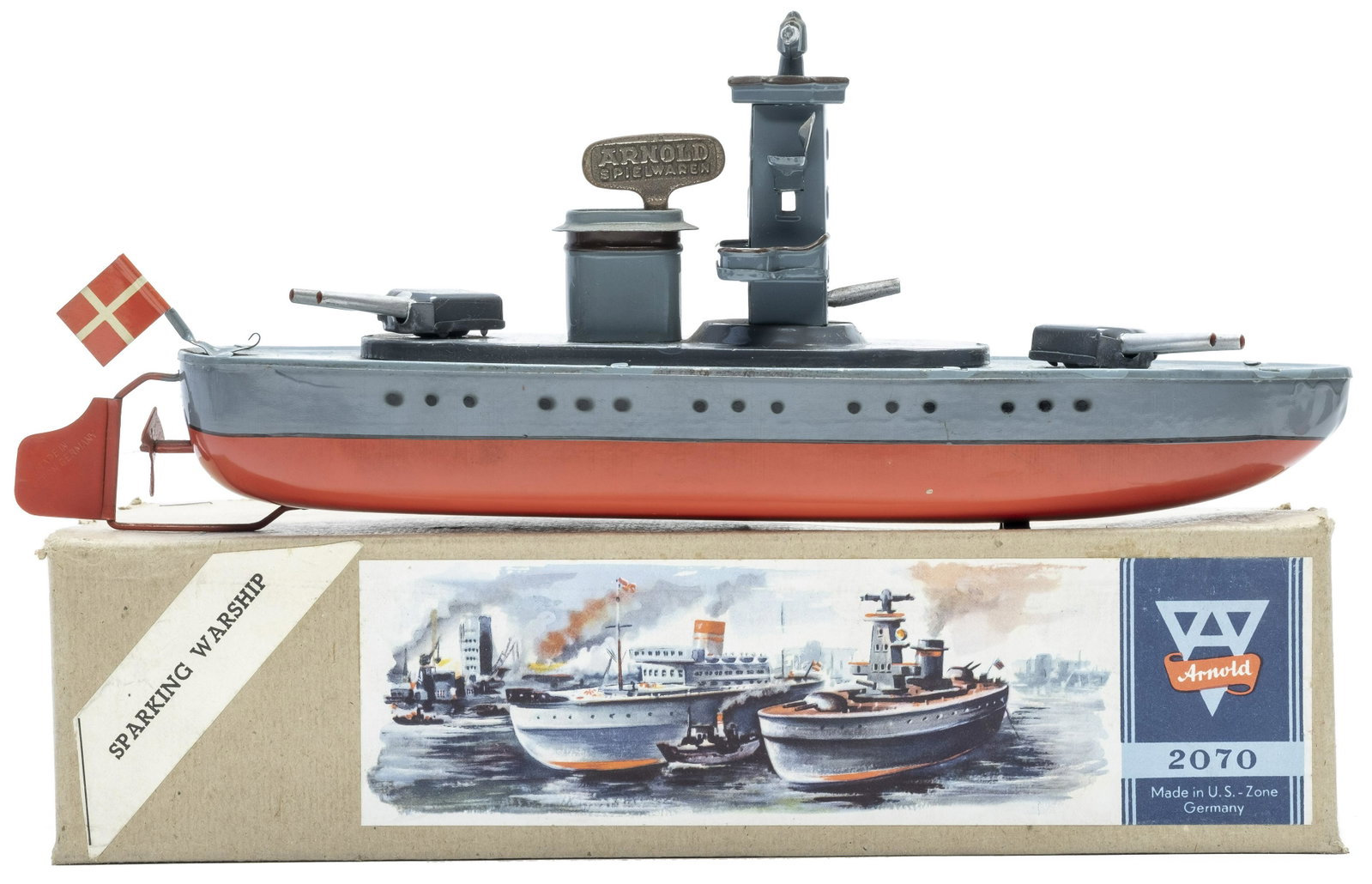 Arnold 11 1/2" Sparking Warship: Finished in Gray & Red Made by Arnold Toys US Zone Germany - 1940's Mint with Box Top & Key