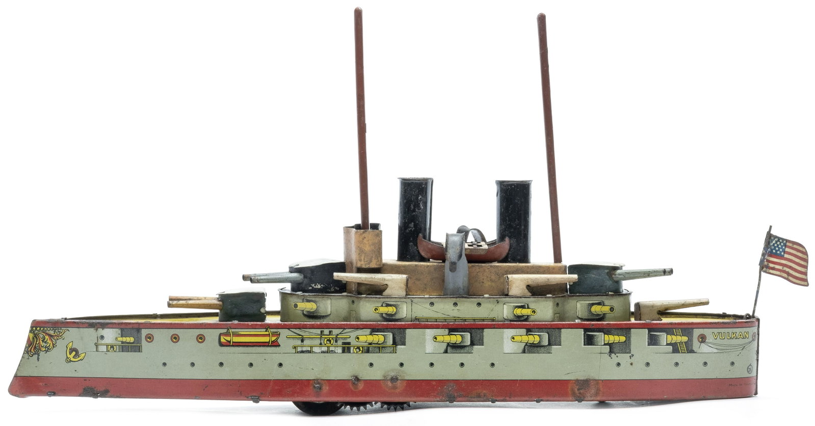 Moses Kohnstam "VULKAN" Battleship: Made by Moses Kohnstam Germany - 1918 - 15" Long Excellent Condition This appears to be a significantly rare toy boat from the WW1 period.