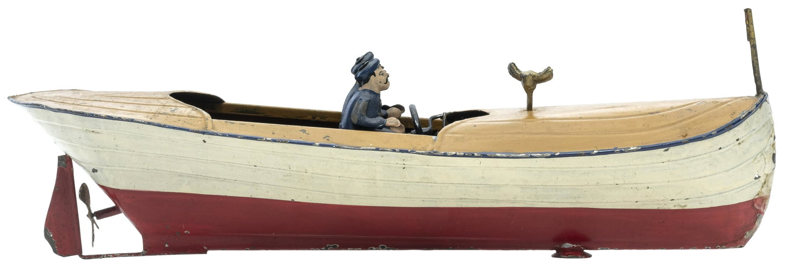 Hand-Painted Speed Windup Speed Boat: Two Figures & Steering Wheel Possibly made by Ubelecker Germany - Circa 1910 - 14" Long Excellent Plus Condition Winds up through a gold painted key found on the hood of the boat's bow. This acts to a
