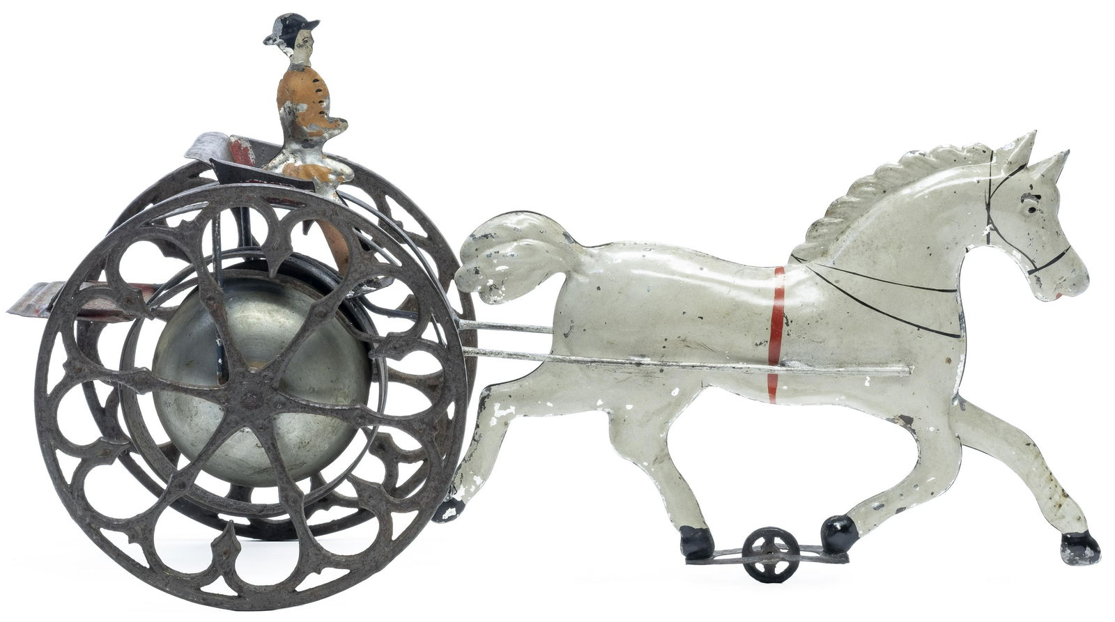 Rare & Desirable Sulky Bell Toy: Toy Appears to be a Collaboration Between Gong Bell & George Brown Connecticut -Circa Early 1880's Outstanding Original Condition Figure Skillfully Re-Attached. Horse Racing and Sulky Racing became hu